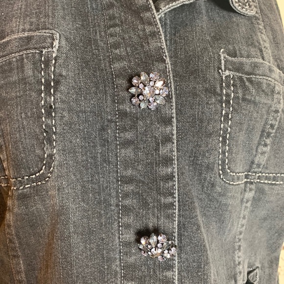 Chico’s Platinum Jean Jacket rhinestone buttons L - Picture 6 of 8